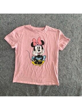 Disney Minnie Mouse T-Shirt Womens M Pink Graphic Tee Polka Dot Bow Stain